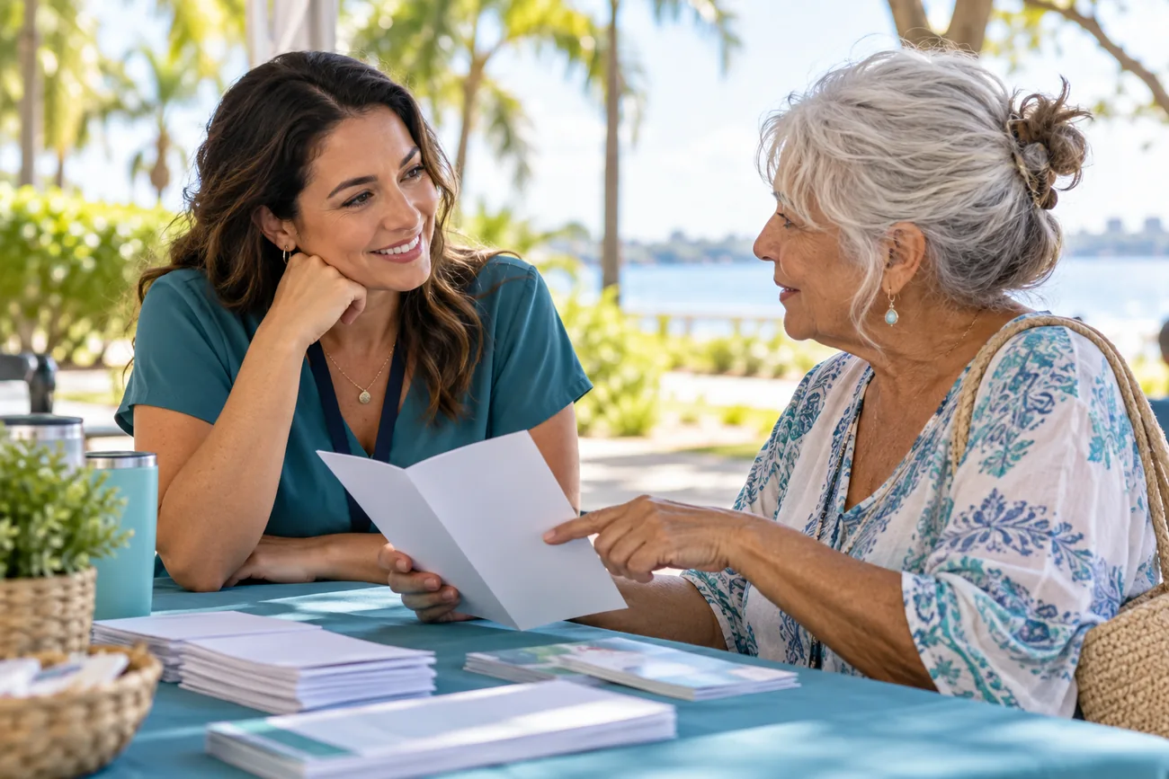 Neighbors talking at a community resource table in an illustrative scene